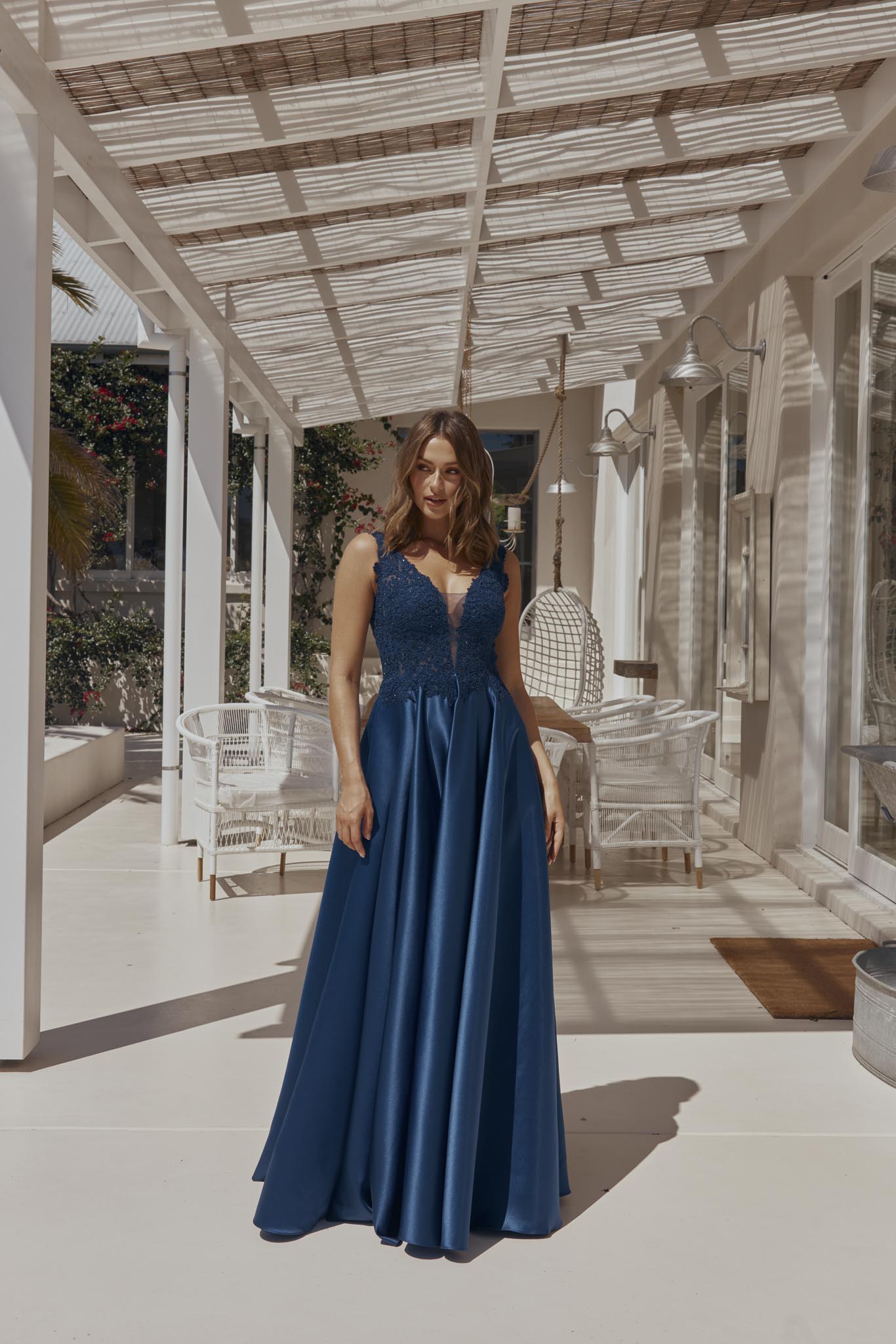 Navy Blue Sleeveless Lace Beaded Prom Dresses,A Line Evening Dresses -  EVERISA